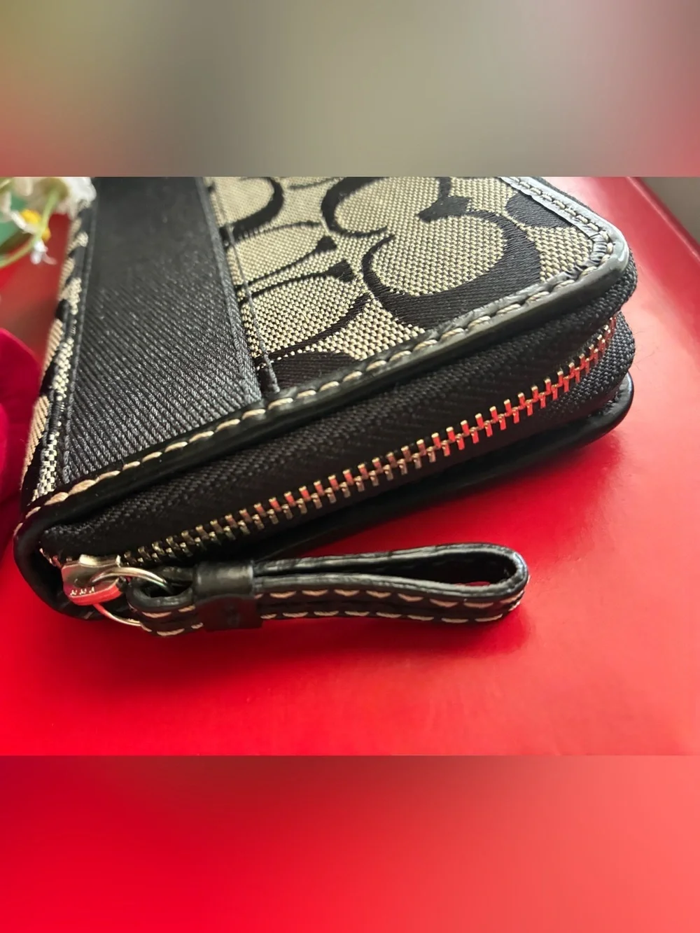 Coach Black and Cream Signature Snap Wallet